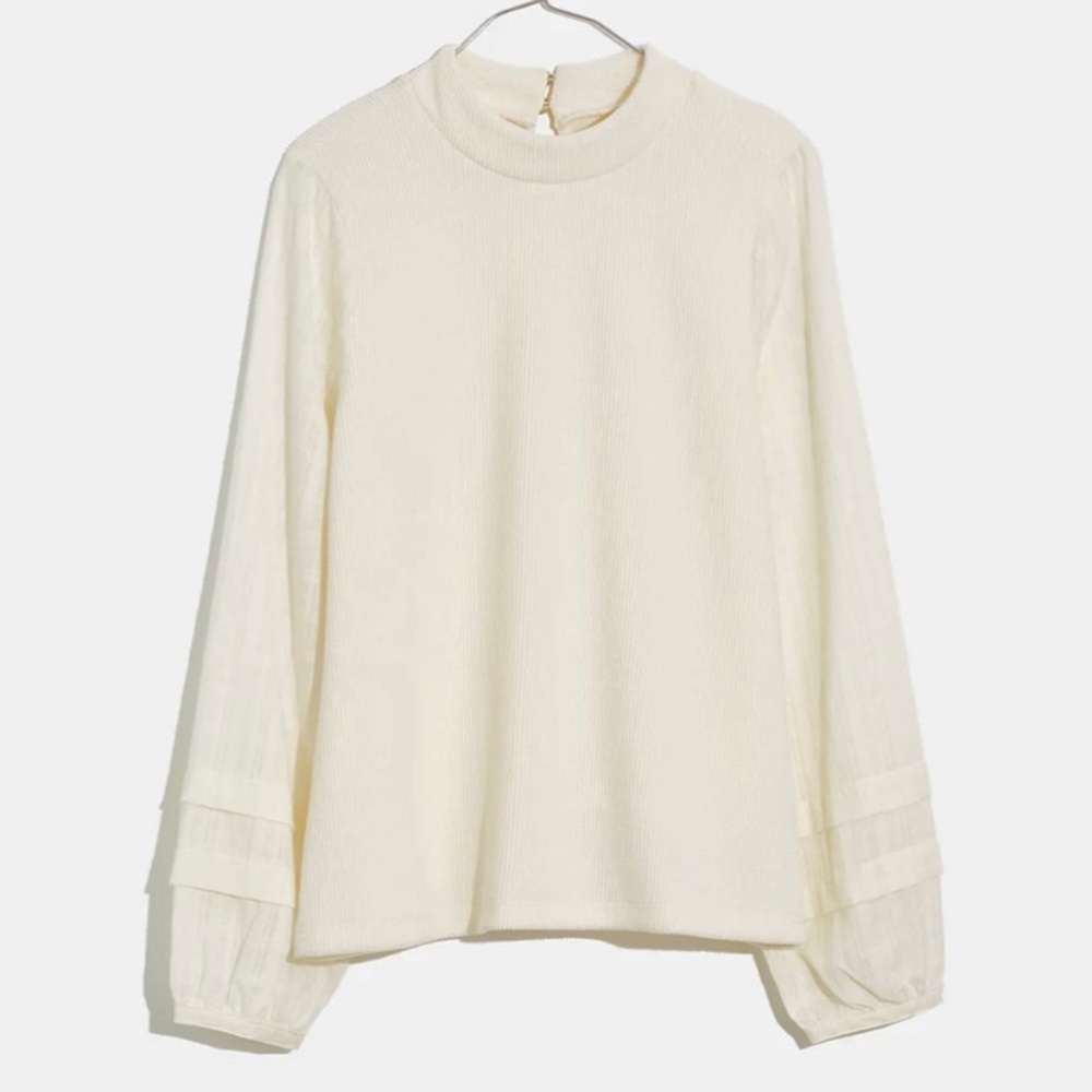 Madewell Weavemix Mockneck Bubble Long Sleeve Mixed Media Top in Antique White